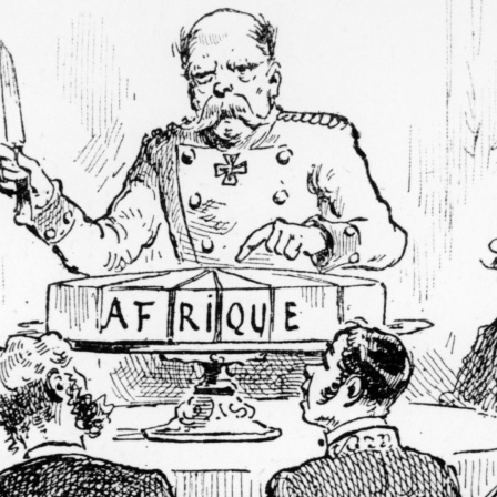 Französische Karikatur auf der Bismarck Afrika als Kuchen verteilt. Holzstich. Aus: L’Illustration, 1885.