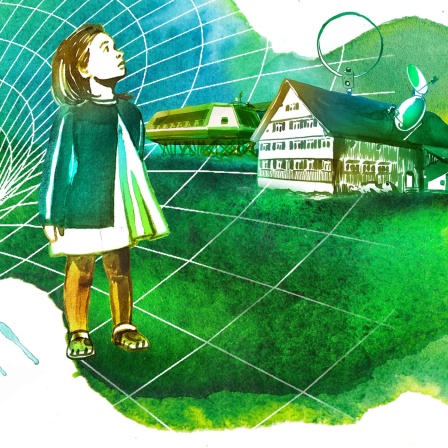 Illustration "Antikammer": Ein Mädchen vor einem grünen Hintergrund, über ihr eine Drohne, neben ihr ein Mensch im Seuchenanzug, hinter ihr ein Haus mit Satelliten.
