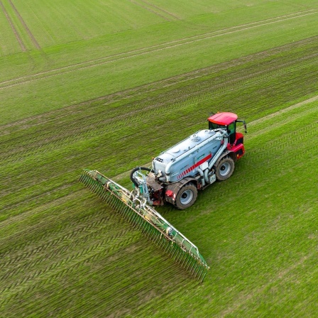 Ein Landwirt fährt Gülle auf einem Feld aus.