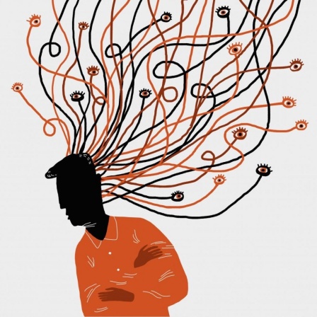 Eine Illustration zeigt verworrene Linien und viele Augen um den Kopf eines Mannes herum.