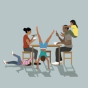 Illustration: Drei verschieden alte Kinder turnen um zwei Erwachsene, die an einem Tisch sitzen und essen. 