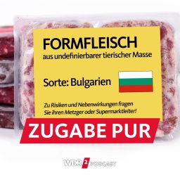 Satirische Fotomontage: Abgepacktes Fleisch mit einem großen Aufkleber mit der Aufschrift: Sorte Bulgarien