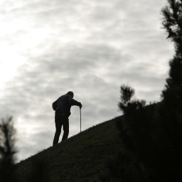 Ein älterer Mann mit Gehstock besteigt einen Hügel