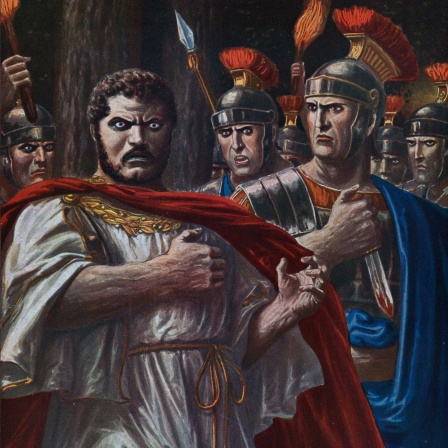 Römische Antike: Das Gemälde zeigt den Tod des römischen Kaisers Caracalla, ermordet in der Nähe von Harran am 8. April 217. Illustration von Tancredi Scarpelli (1866-1937) aus "