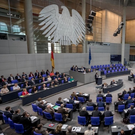 Blick von einer Zuschauertribüne aus auf das Plenum des voll besetzten Bundestags. Am Rednerpult steht die SPD-Fraktionsvorsitzende Andrea Nahles.