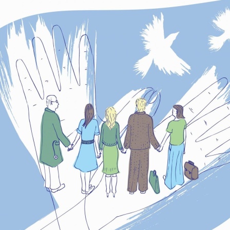 Illustration mit Händen, fünf Personen die sich an den Händen halten und weißen Tauben.