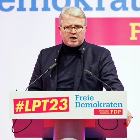 Der FDP-Politiker Frank Schäffler bei einer Veranstaltung auf einer Bühne.