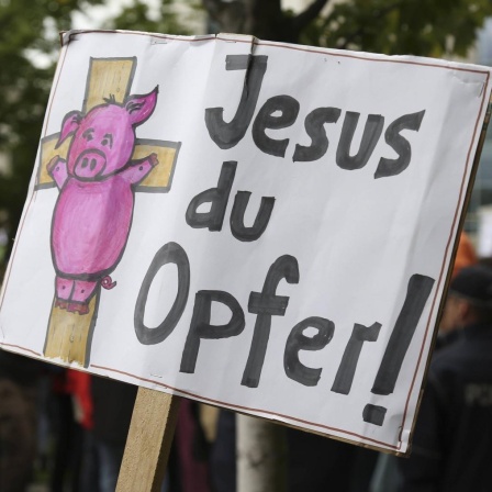Schild mit der Aufschrift "Jesus du Opfer" bei einer Demonstration gegen christlichen Fundamentalismus und für das Recht auf körperliche Selbstbestimmung in Berlin