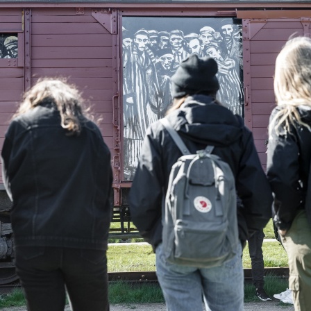 Hamburg: Schülerinnen einer 9. Klasse betrachten auf einem Rundgang einen historischen Reichsbahnwaggon, der symbolisch für den ehemaligen Lagerbahnhof des Konzentrationslagers Neuengamme steht.