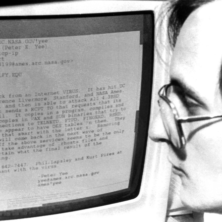 Ein Student schaut auf einen Computerbildschirm, darauf zu lesen ist eine Warnung vor der Entdeckung eines sich ausbreitenden Computervirus.