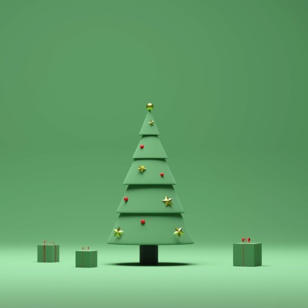 3D-Rendering eines Weihnachtsbaumes und grün verpackter Geschenke vor einem grünen Hintergrund in minimalistischem Stil.