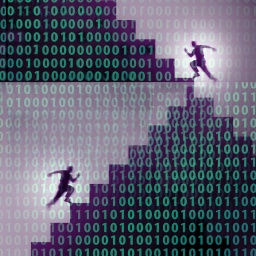 Illustration: Männer laufen eine Binärcode-Daten-Treppe hinauf.