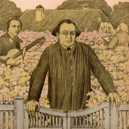 Der Dichter Eduard Mörike (1804 - 1875) in einer Illustration. Sie zeigt ihn in einem Garten, wo er sich auf das Gartentor stützt.