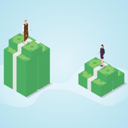 Illustration: Ein Mann auf einem hohen Geldstapel, eine Frau auf einem niedrigen.