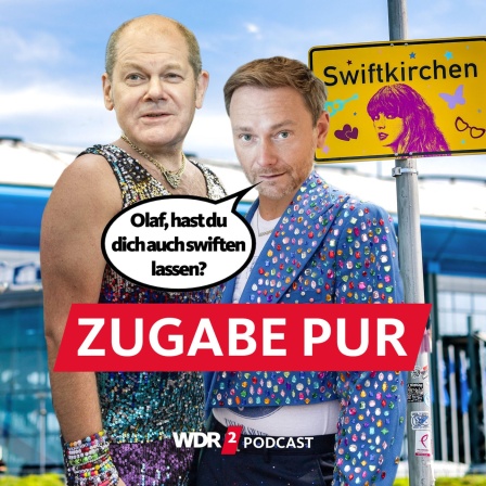 Satirische Fotomontage: Olaf Scholz und Christian Lindner stehen in buten Kostümen vor der Arena in Swiftkirchen