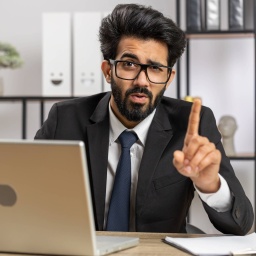 Ein Mann im Anzug sitzt mit erhobenem Zeigefinger an seinem Laptop, er wirkt arrogant.