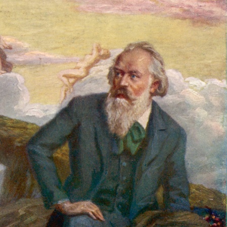 Gemälde von Johannes Brahms in Pastellfarben, im Hintergrund göttliche Gestalten auf Wolken.