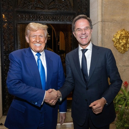 Der designierte US-Präsident Donald Trump und Nato-Generalsekretär Mark Rutte geben sich grinsend die Hand.