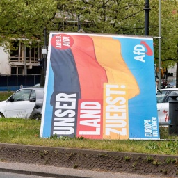 Ein Plakat der Partei AfD zur Europawahl liegt am Boden.