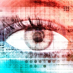 Ein menschliches Auge, überlagert mit Binärcode und Schaltkreisen.