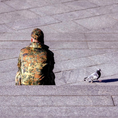 Ein Bundeswehr-Soldat in Tarnkleidung sitzt mit dem Rücken auf einer Treppe. Daneben ist eine Taube zu sehen.
