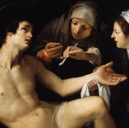Am Boden liegend wird der heilige Sebastian versorgt nach seinem Märtyrium. Gemalt Ende 16. oder Anfang 17. Jahrhundert. 