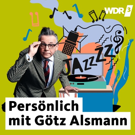 Ein Foto von Götz Alsmann, außerdem die Illustration eines Plattenspielers und der Schriftzug "Jazz".