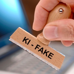 Ein Holzstempel mit dem Aufdruck "KI-FAKE"