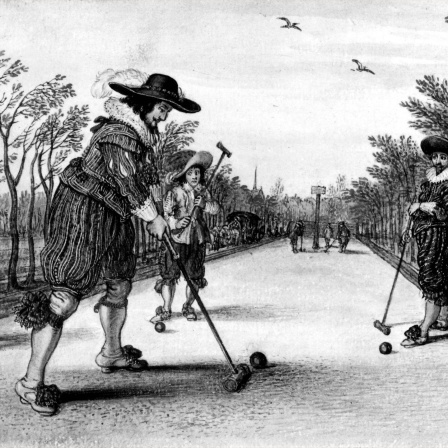 Men play Palle Malle , a precurser to croquet. Pall Mall , London England was named after this game. A 17th Century drawing by Adriaen Pietersz van de Venne. Archivfoto