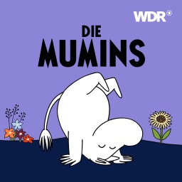 Podcastcover "Die Mumins". Mumin macht einen Handstand vor einer violetten Wand.