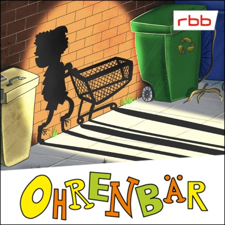 Bunte Zeichnung: dunkle Einkaufsgasse mit Müllcontainern, im Spot ein Schatten von einer Person mit Einkaufswagen (Quelle: rbb/OHRENBÄR/Daria Kuvakina)
