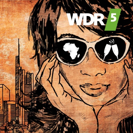 Illustration: Die Kongo-Prinzessin - Gesicht einer Frau mit Sonnenbrille vor der Skyline von Frankfurt