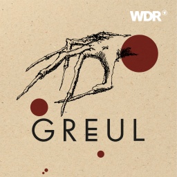 Zeichnung zum Hörspiel "GRЁUL": Beiger Hintergrund, eine in schwarz gezeichnete Hand mit Haaren und langen Fingernägeln greift nach etwas, drum herum rote Punkte.