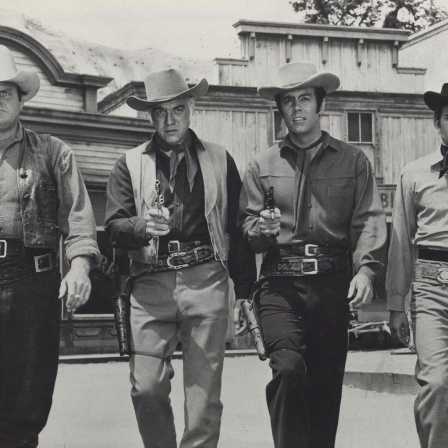 Lorne Greene, Pernell Roberts, Dan Blocker und Michael Landon in der Serie Bonanza. 