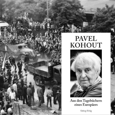 Zu sehen ist Pavel Kohout auf dem Cover seines Buches "Aus den Tagebüchern eines Europäers"; im Hintergrund einmarschierende Truppen des Warschauer Paktes in in die damalige CSSR am 21. August 1968.