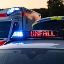 Ein Einsatzfahrzeug, Streifenwagen, der Polizei steht mit Blaulicht und dem Schriftzug Unfall im Display an einem Unfallort. Neben dem Polizeiwagen steht ein Rettungswagen, RTW.