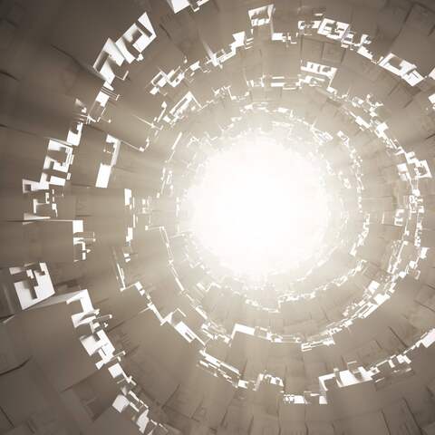 Futuristischer Tunnel - am Ende scheint Licht durch eine Öffnung. Es ist eine Computergrafik. 