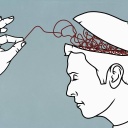 Eine Hand zieht einen roten Faden aus einem Fadenknäul, das einem Mann im Kopf steckt. (Illustration)