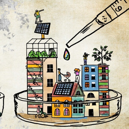 Illustration zur Serie "Zukunft - Wie wollen wir leben?": Eine Petrischale und eine Pipette auf der eine Seite, eine bunte Stadt wächst aus der Petrischale. Gegenüber eine Hand mit Geldscheinen.i