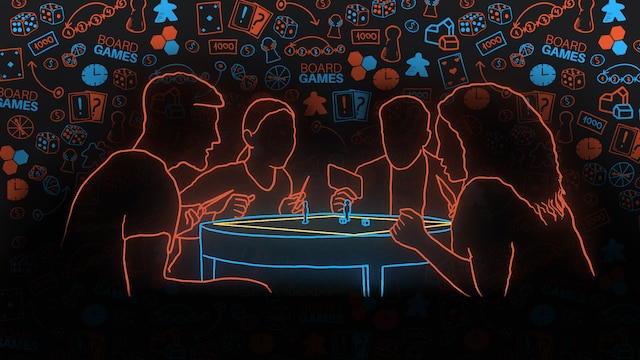 Eine Gruppe Menschen sitzt um einen Tisch und spielt, das Ganze in einem Neonreklamen-Look.