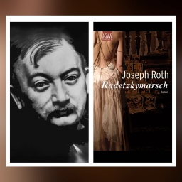 Jospeh Roth und das Cover seines Romans &#034;Radetzkymarsch&#034;