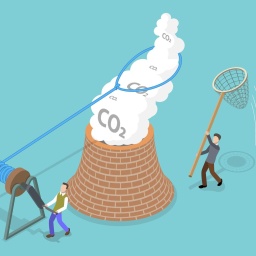 Illustration: In der Mitte ist ein verklinkerter Schornstein mit dicken C02 Wolken, links und rechts davon zwei Männer, die versuchen, diese einzufangen.