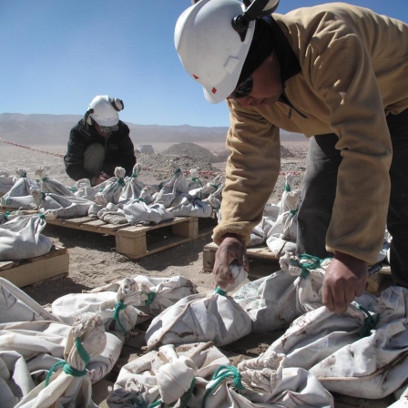 Arbeiter in einer Lithium Miene in Argentinien (Lithium Americas Corp.) mit vollen Säcken vor sich auf dem Boden. 