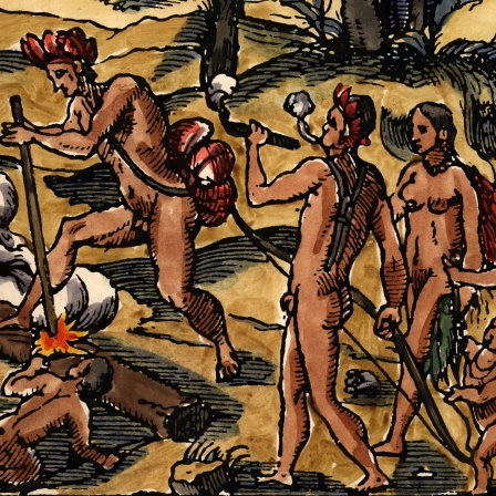 Indianische Zigarrenraucher auf Kuba. Illustration der lateinischen Erstausgabe: Epistola Christofori Colom, 1493.