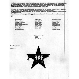 Die letzte Seite des Schreibens der Roten Armee Fraktion (RAF). Das Dokument ging am 20. April 1998 bei einer Nachrichtenagentur ein. &#034;Heute beenden wir das Projekt&#034;, hieß es dort. &#034;Die Stadtguerilla in Form der RAF ist nun Geschichte.&#034;