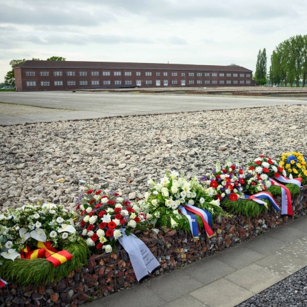 Im Gedenken des Kriegsendes und der Befreiung der Häftlinge des ehemaligen Konzentrationslagers Neuengamme liegen Blumenkränze in der Gedenkstätte. Dahinter sind mit Steinen gefüllte Drahtkörbe zu sehen, welche die Stelle der ehemaligen Holzbaracken der Häftlinge markieren. (Foto vom 3.5.2023)