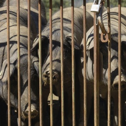 Iberische Hausschweine hinter einem Gitter.