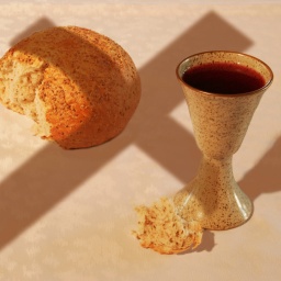 Elemente der Kommunion: Brot und Wein, darüber der Schatten eines Kreuz