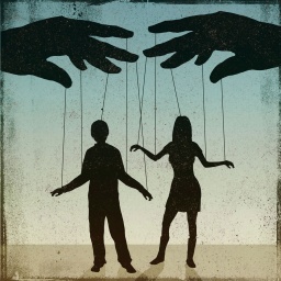 Silhouette von Mann und Frau, die von Puppenspieler kontrolliert werden.