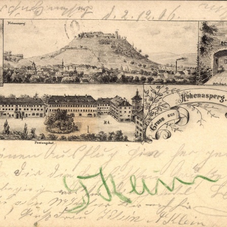 Postkarte (undatiert): Blick auf die Festung Hohenasperg mit Festungshof und Gefängnis